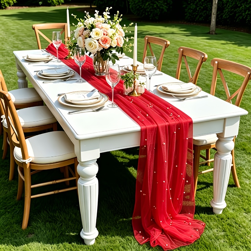TEMU 1pc Red Pearl Tulle Fabric Roll With Sheer Beaded Mesh Suitable For Christmas Tree Decorations, Wedding Table Runners, Diy Bows, Party