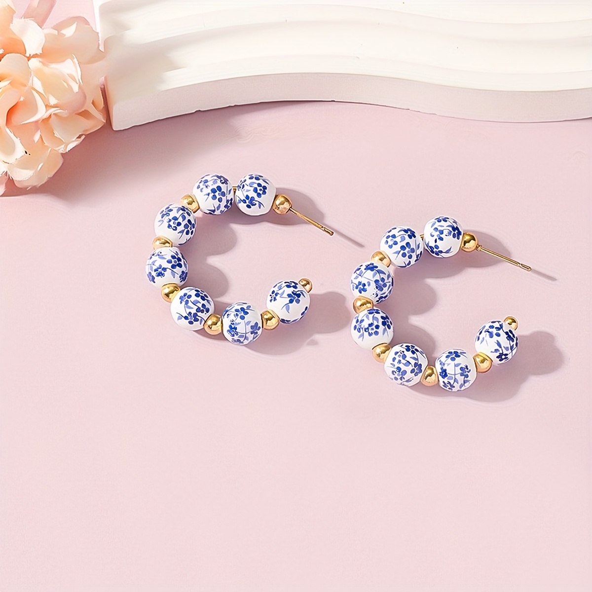 TEMU 1 Pair Vintage Blue And White Porcelain Ceramic Hoop Earrings, Alloy Drop Dangle With Stainless Steel Post, Elegant Daily Wear Jewelry For Women