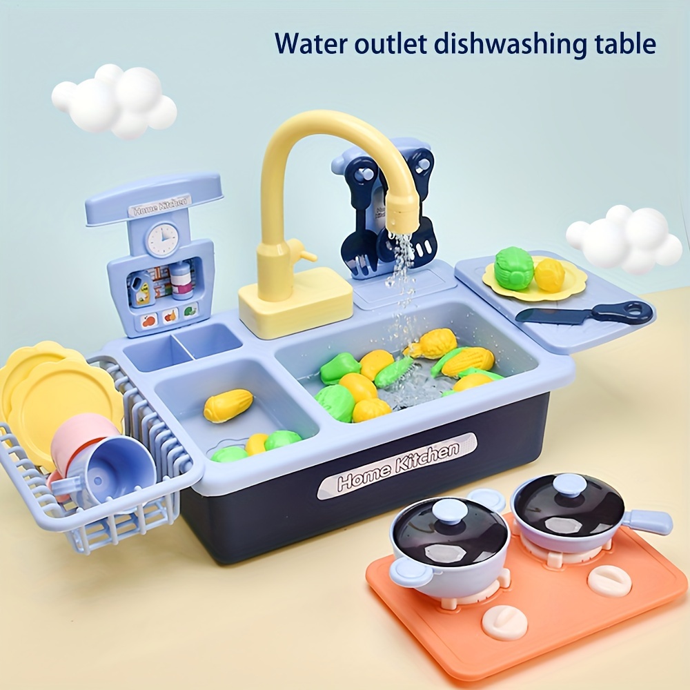 

1set Kitchen Sink Dishwasher With Faucet And Cookware Tableware Vegetable And Fruit Toy Set, Suitable For Girls, Boys Some Parts Color Randomly Shipped, Shipment Does Not Include Batteries