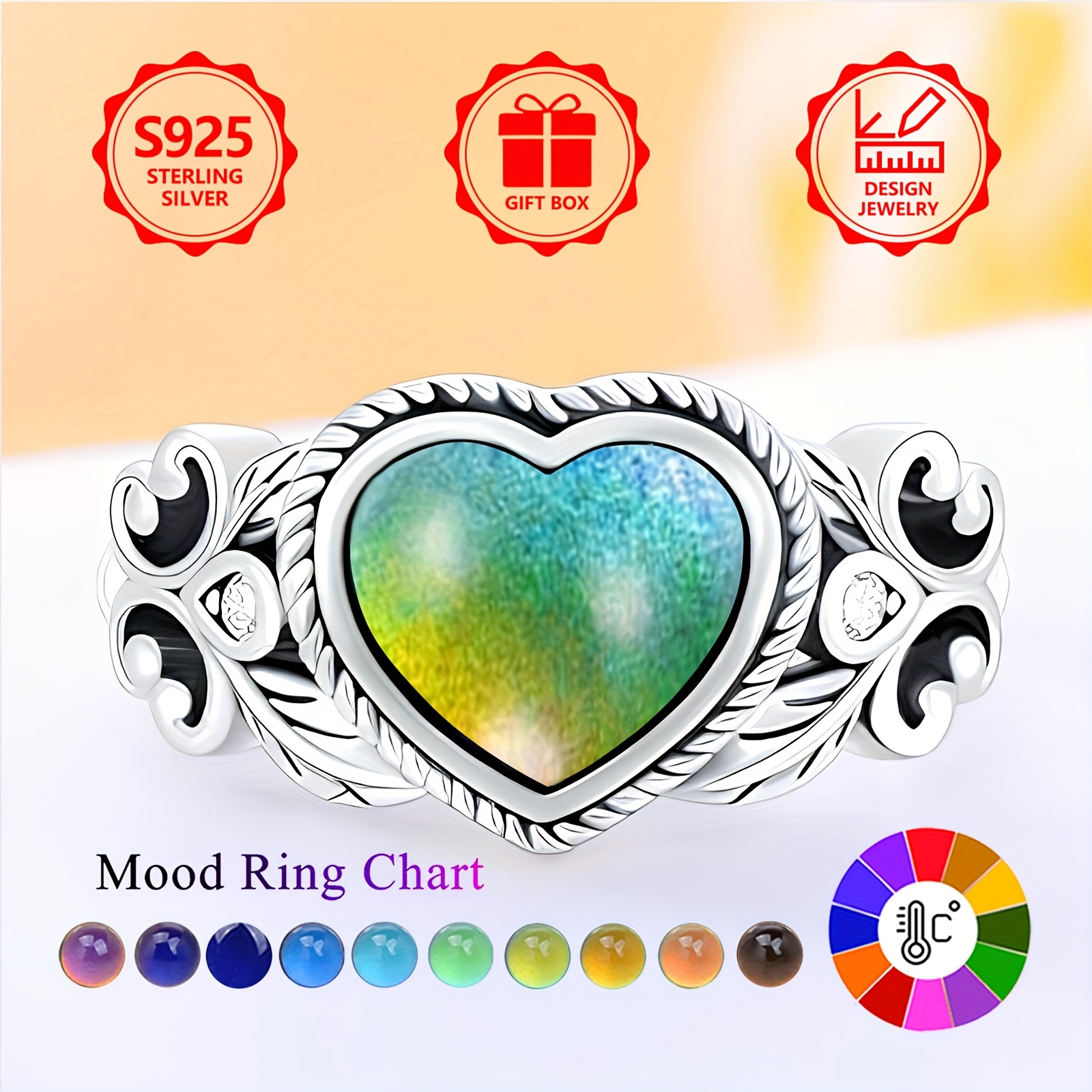 925 Sterling Silver Boho Mood Ring Heart Shape Hypoallergenic Gift