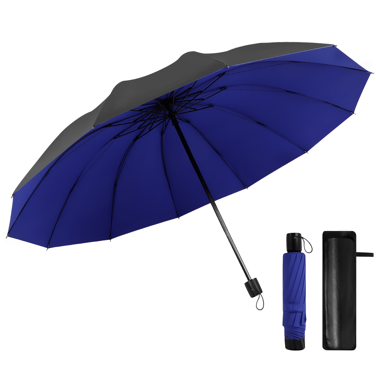 TEMU 130cm Extra Large Folding Umbrella, Suitable For 3-4 Adults, 12pcs Reinforced Ribs Windproof Umbrella, Black Coated, Portable Family Travel Car