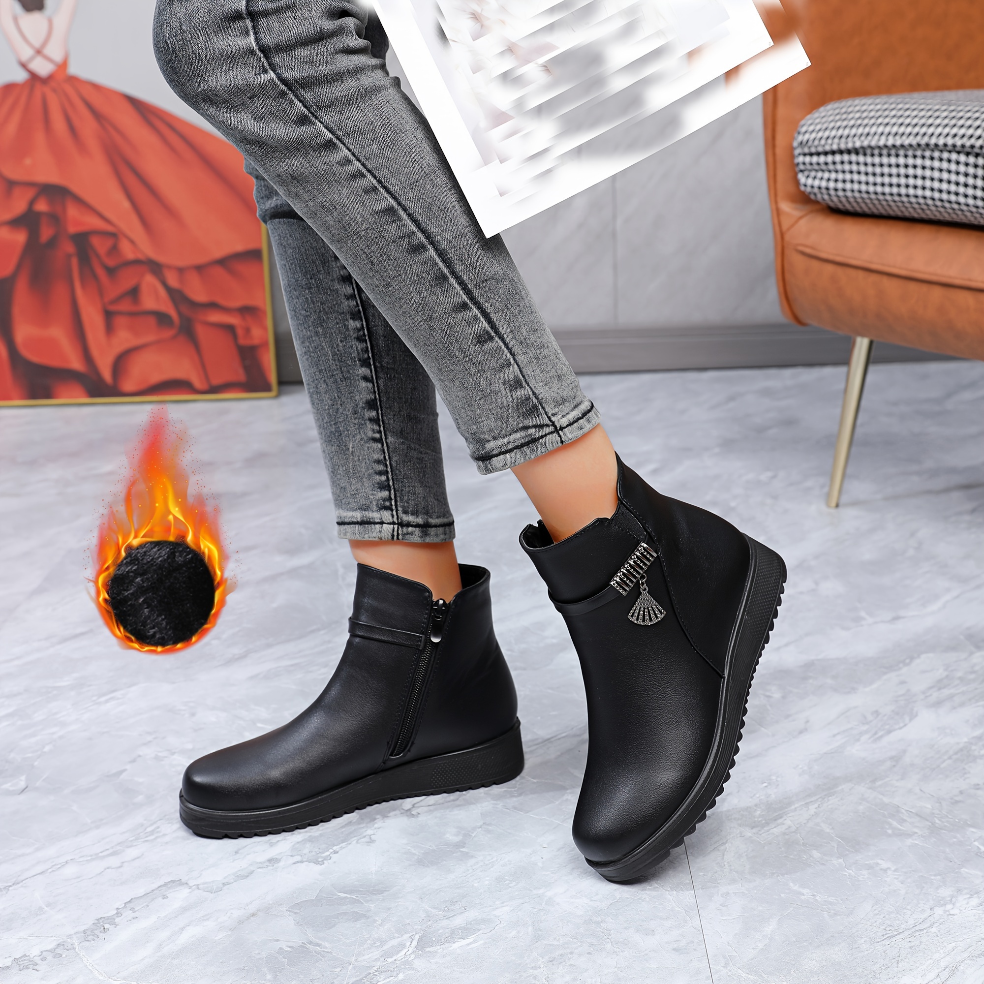 womens winter side zipper comfortable thick pu sole warm furry lined round toe casual shoes solid color synthetic cover durable grip boots   protection 6
