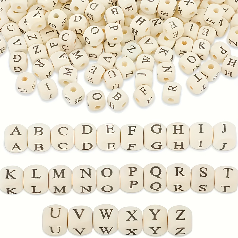 

200pcs Natural Wooden Alphabet Beads, 10mm Square A-z Sort, Bulk Loose Beads For Making, Handmade Crafts, Letter Beads Set