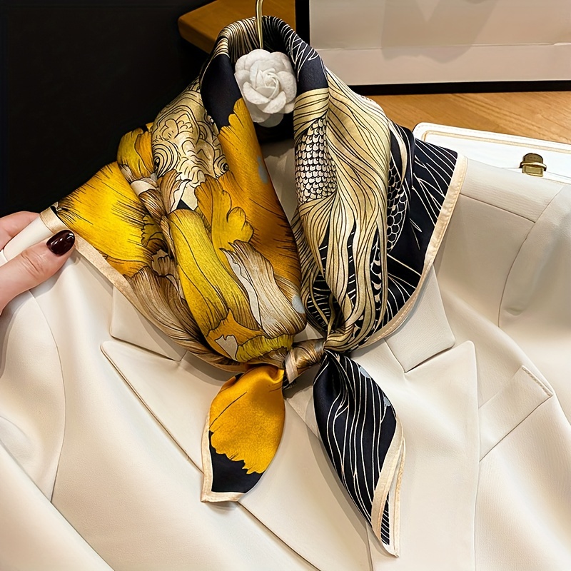 

Elegant Polyester Square Scarf, Vintage Print, Business Casual, Spring/summer, , Golden & Black, Decorative Handkerchief, 100% Polyester, 100g/m², No Feathers, For