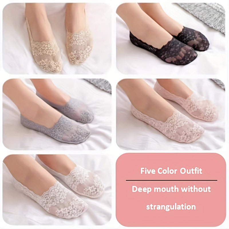 

5 Pairs Lace Non-slip Shallow Mouth Socks, Comfy & Breathable Ankle Socks, Women's Stockings & Hosiery