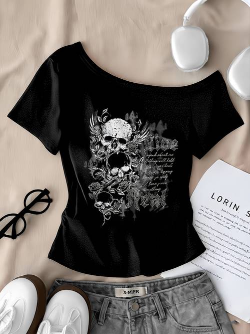teen shoulder short sleeve t shirt monogram print gothic dark off shoulder spring summer top for teenager