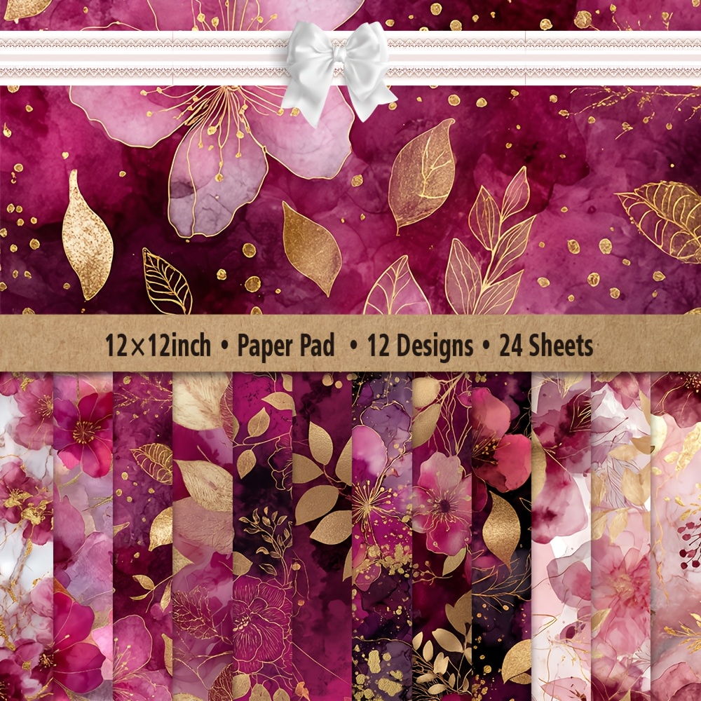TEMU Bloc de papier scrapbooking 12X12 pouces, 12 , 24 feuilles, floraux aquarelle avec fleurs roses et , papier artisanal de qualité supérieure pour