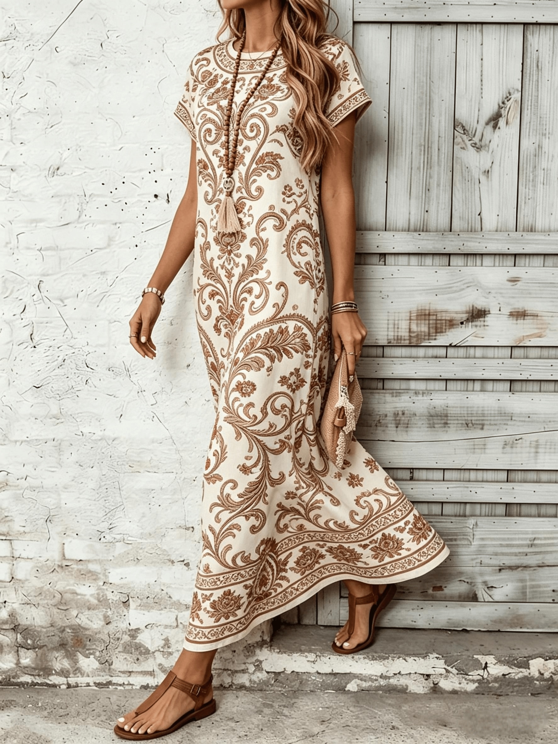 western loose dress Beige Western Geometric Print 3/4 Sleeve Loose Midi Dress
