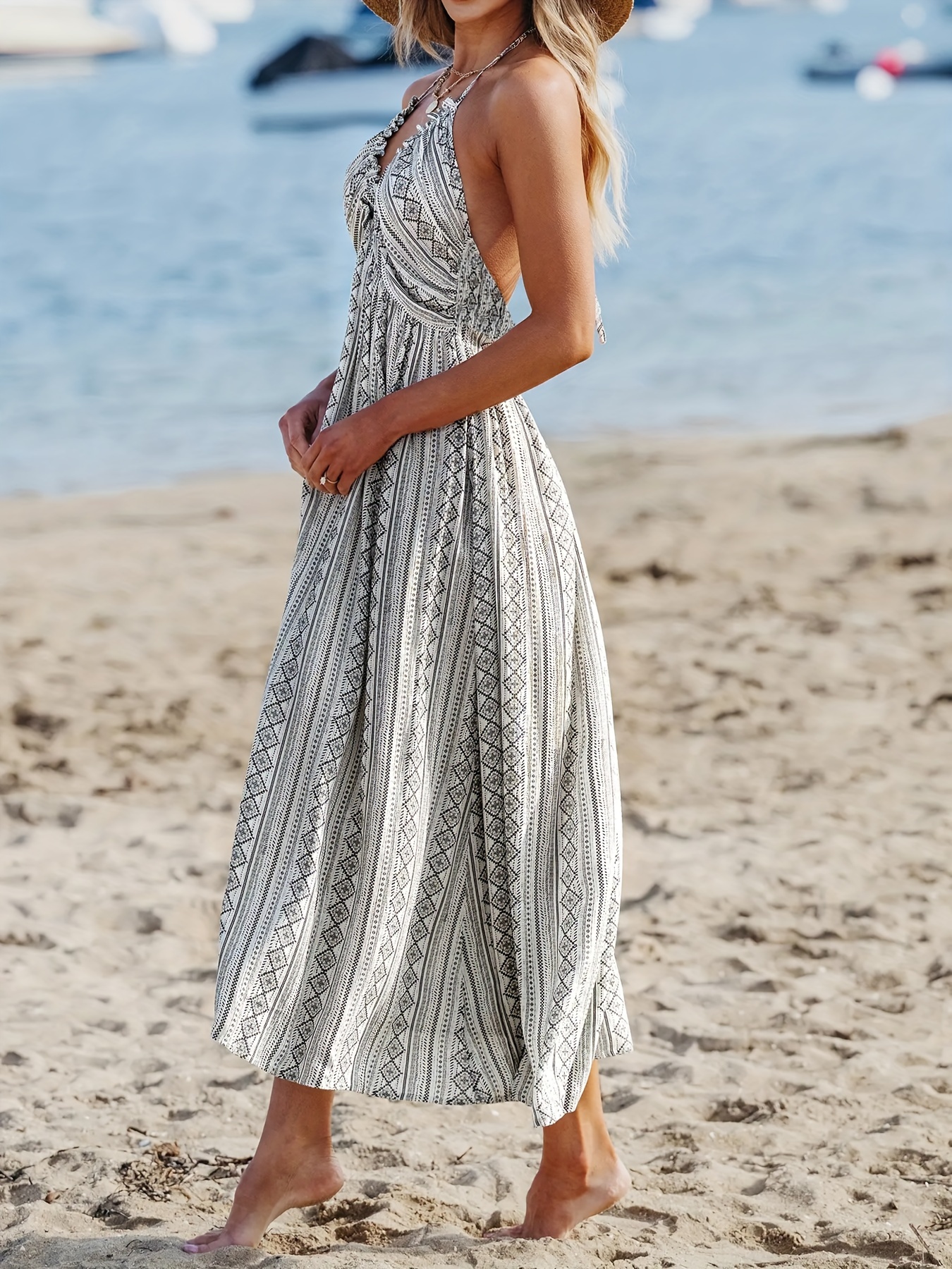 womens beach maxi dress elegant v neck hanging necklace - Temu Mauritius