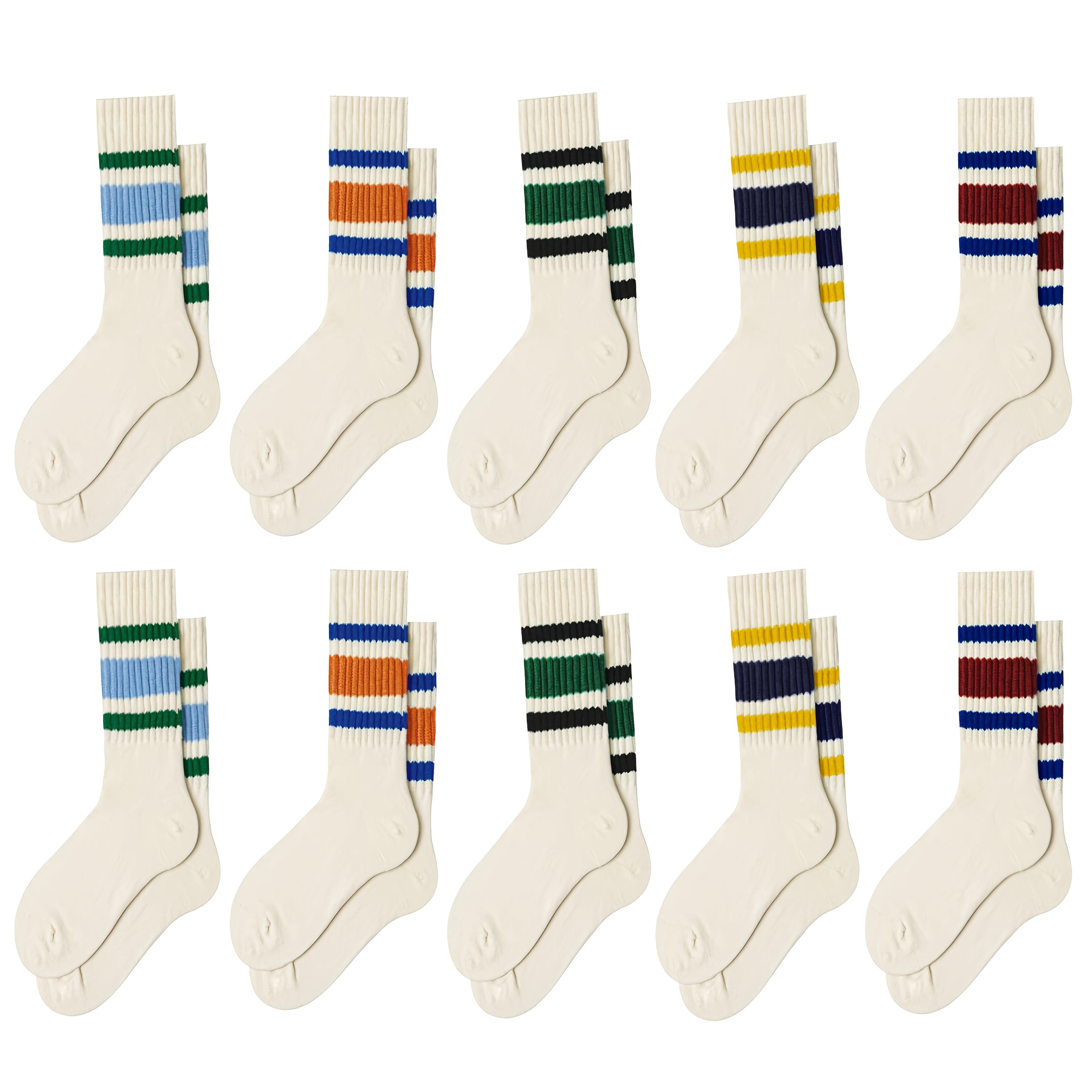 

10-pack Trendy Athletic Striped Crew Socks, 100% Polyester Knit Fabric, Hand Wash, All- Ankle Socks With Vibrant Stripes