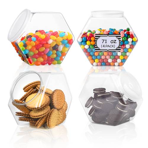 4 stück 2100ml/71oz sechseckige wiederverwendbare kunststoff-süßigkeiten-gläser mit deckeln - lebensmittel-sicher, stapelbare aufbewahrungsbehälter für küche, badezimmer, bürobedarf, party- und feiertagsdekoration (halloween, weihnachten, ostern, valentinstag), wiederverwendbare süßigkeiten-gläser, küchenorganisation, transparentes design, vielseitiger behälter