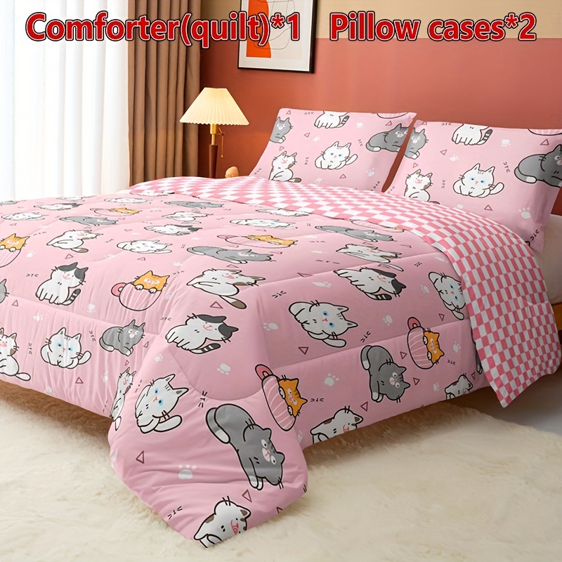 

Pink Kawaii Cat Comforter Set Lovely Kitten Printed Pattern Quilt Bedding Set With 1 Comforter And 2 Pillowcases Bedroom All Season