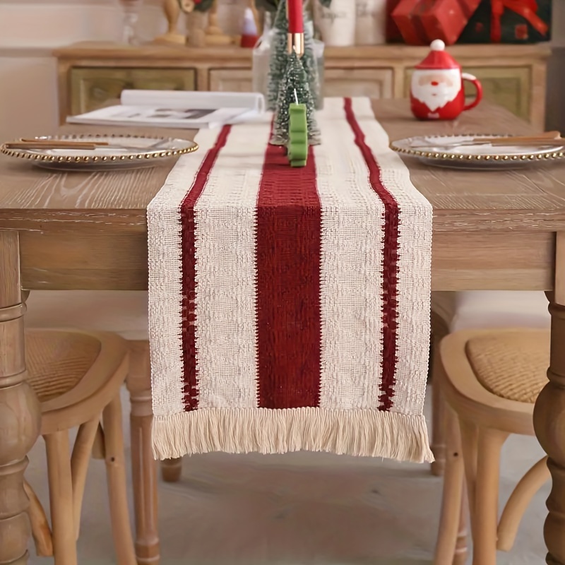 TEMU 1pc -cotton Blend Table Runner With Tassels - Striped Rectangle For Christmas & Gatherings