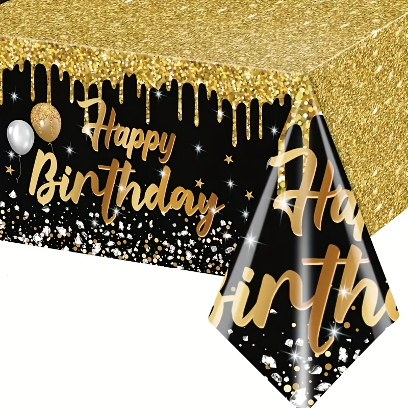 TEMU 1pc Golden Happy Birthday Theme Disposable Party Tablecloth Rectangular Table Runner For Indoor Or Outdoor Party Decorations 108cm*180cm