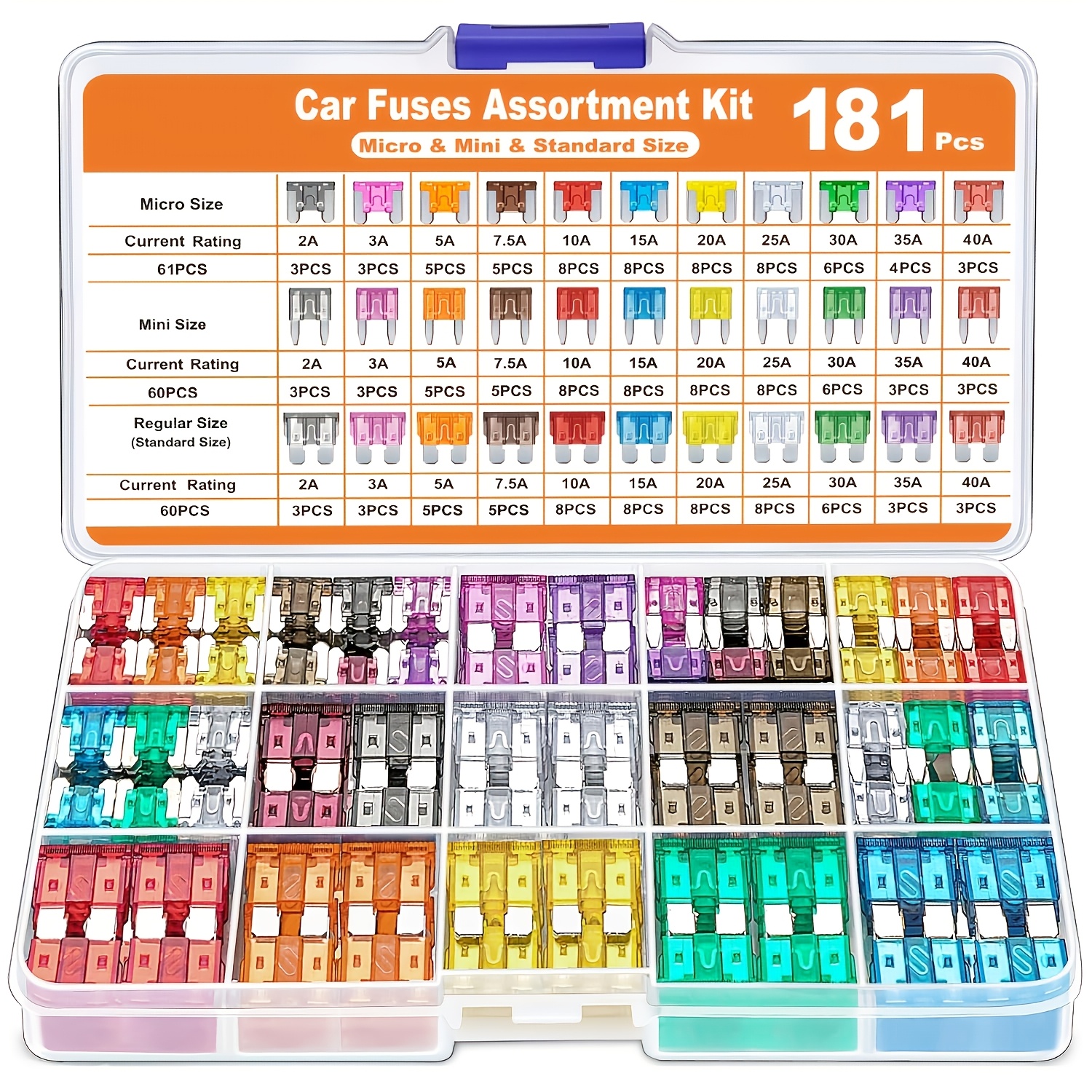 TEMU This Is A Set Of 181 Fuses, Including 60 Mini Car Fuses And 61 Micro Fuses, Along With A Puller And Specifications Ranging From 2a To 40a