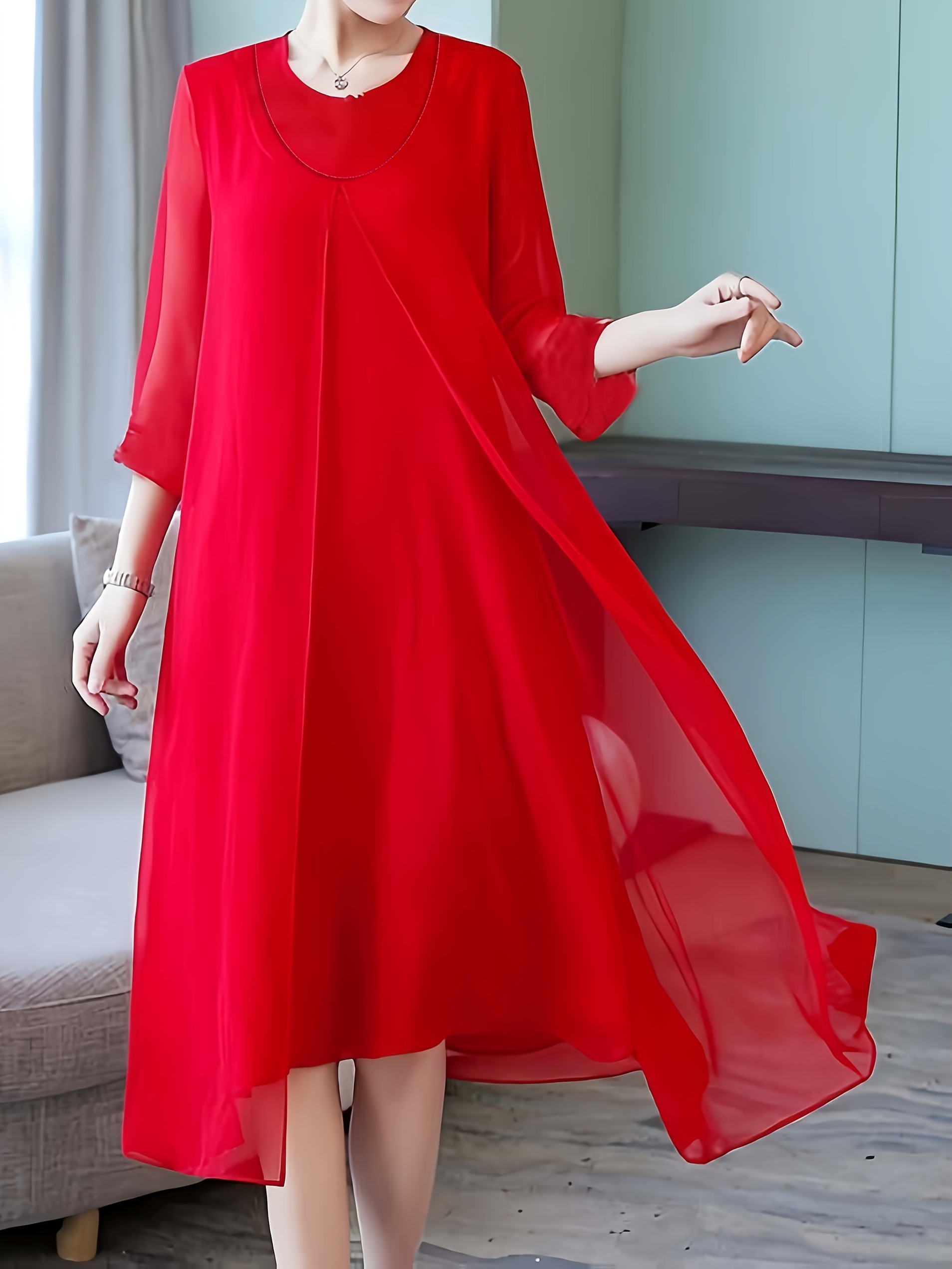 Red Dress With Chiffon Casual Sleeve Long Dress Red Chiffon Maxi