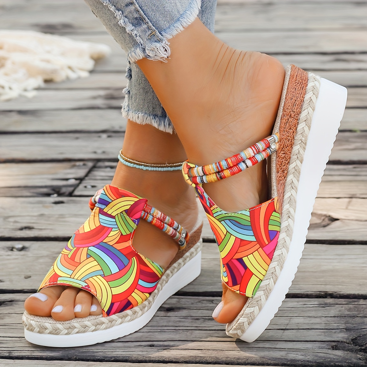 

Women's Summer Colorful Graffiti Wedge Sandals, Slip-on Espadrille High Heel Platform Slides With Braided Details For Beach Outing