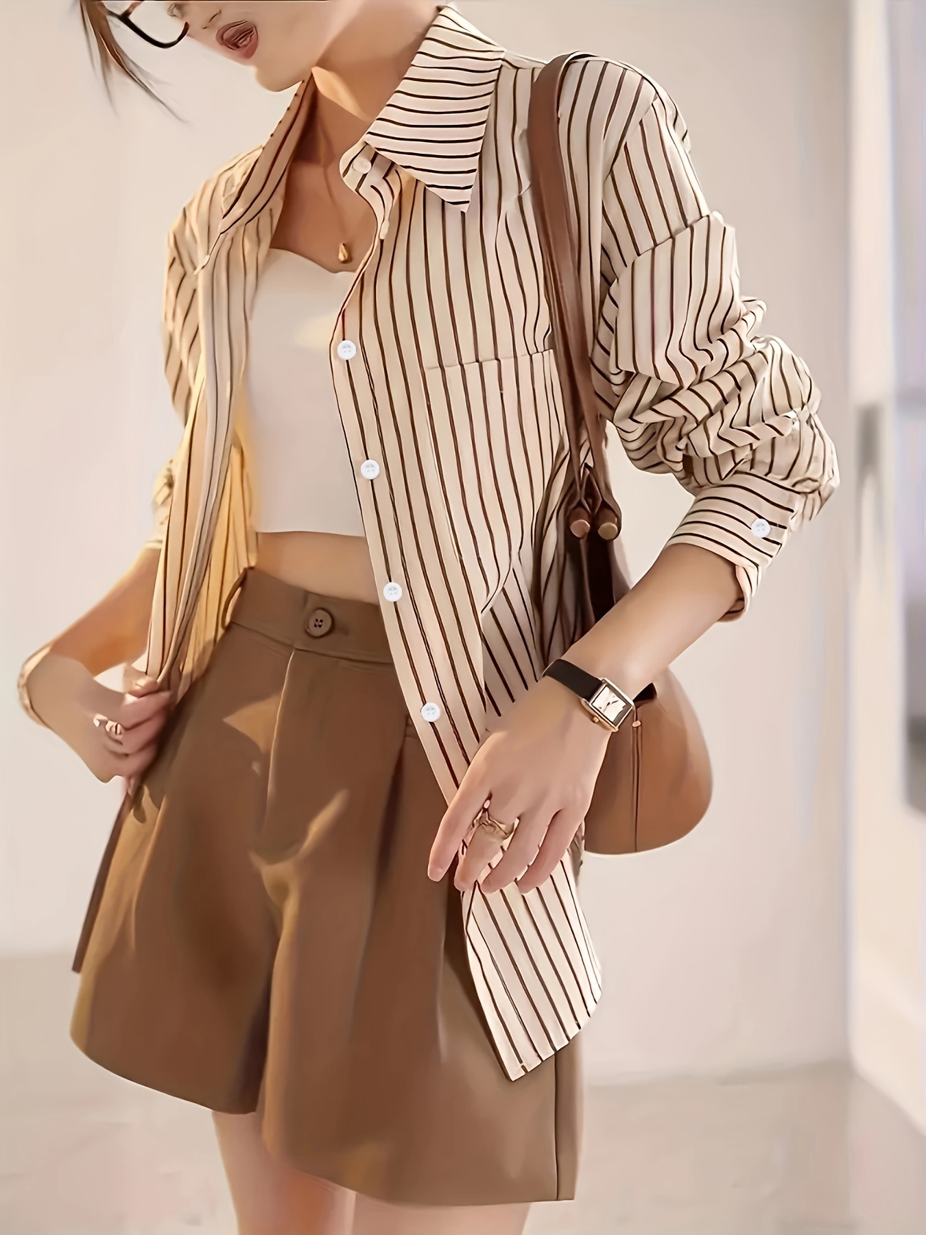 chemise   à rayures pour femme - manches longues décontractées avec poches,   pour   & lautomne Détails du produit 1