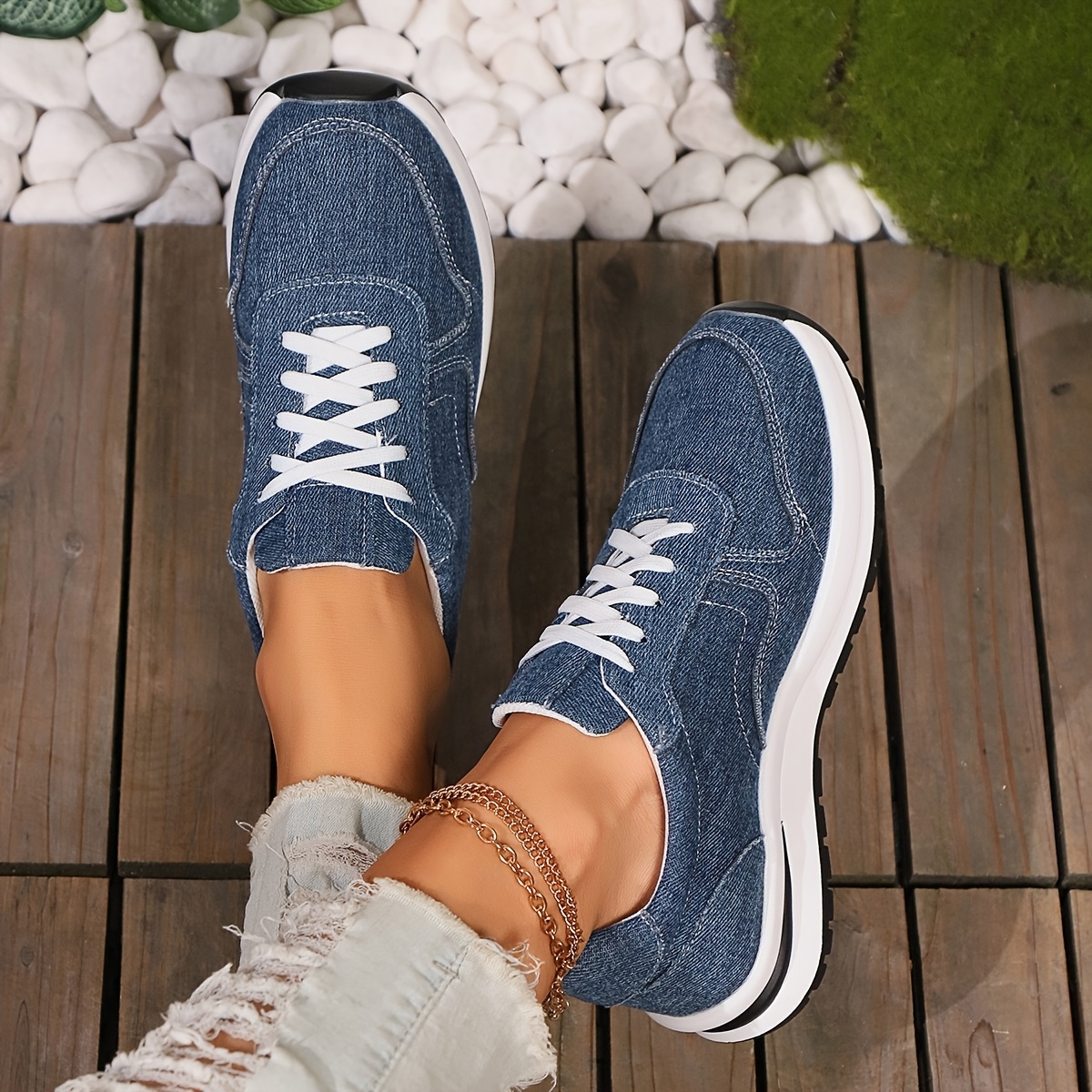 Women'S Casual Denim Sneakers Low Top, Lace-Up, Rubber Sole Shoes,  Casual Footwear Denim Sneakers Rubber Sole Sneakers