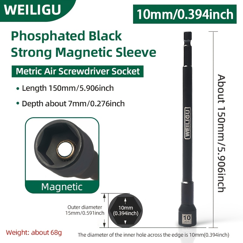 TEMU 150mm Extended Hex Socket Nut Driver Bit, Hardened Phosphating Black Material, 150mm Long Hex Nut Installer, 1/4-inch Quick Change For 7mm, 8mm,