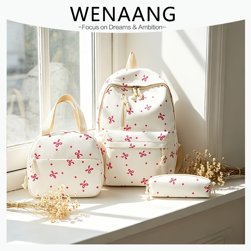 TEMU Fashionable Casual Cute Bow Print Women's Backpack Kit Large Capacity Multifunctional Daily Backpack Pencil Case Lunch Bag Zipper Adjustable
