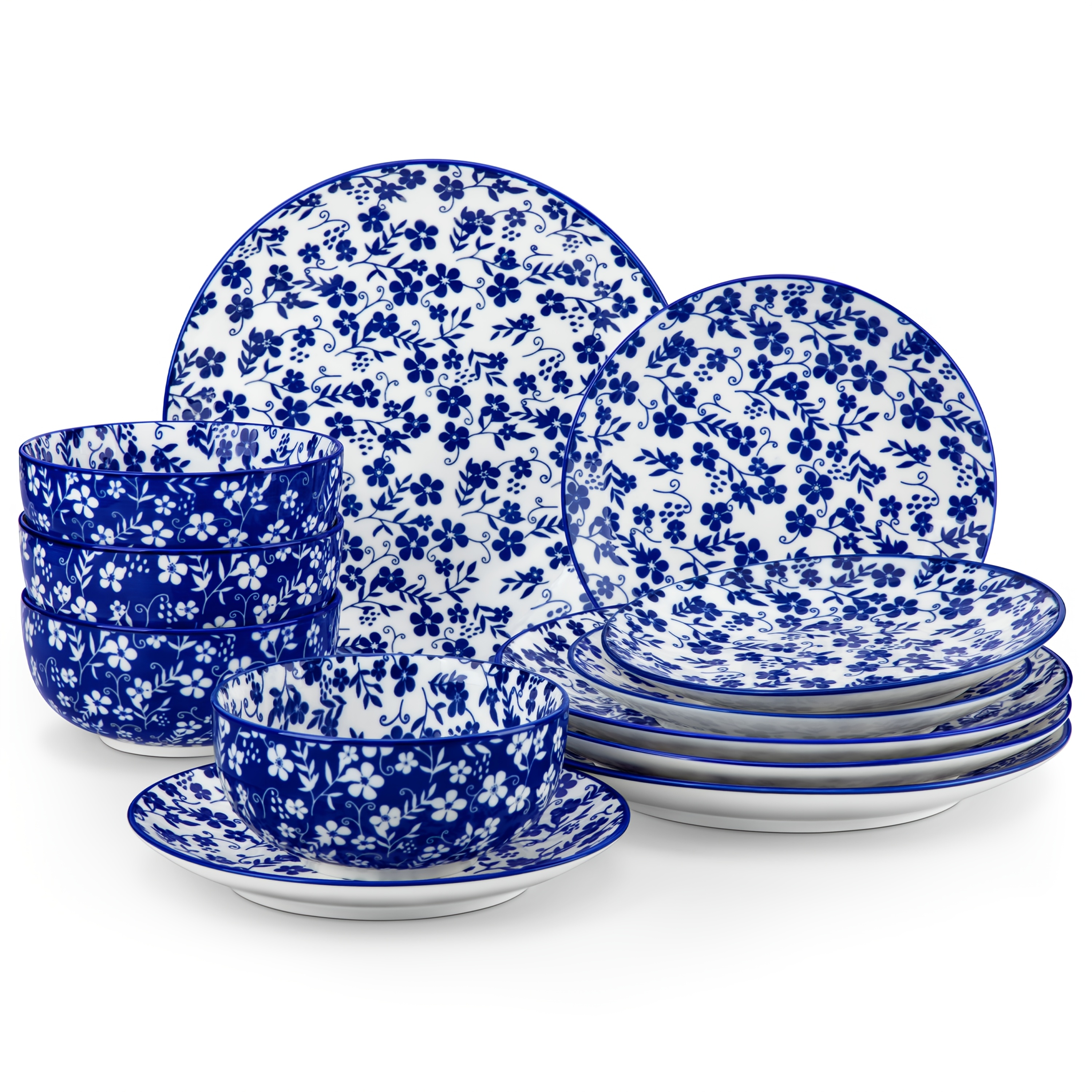 Set Of 12 Blue And White Porcelain Dishes, Including Dinner Plates, Dessert Plates, And Cereal Bowls For 4 People