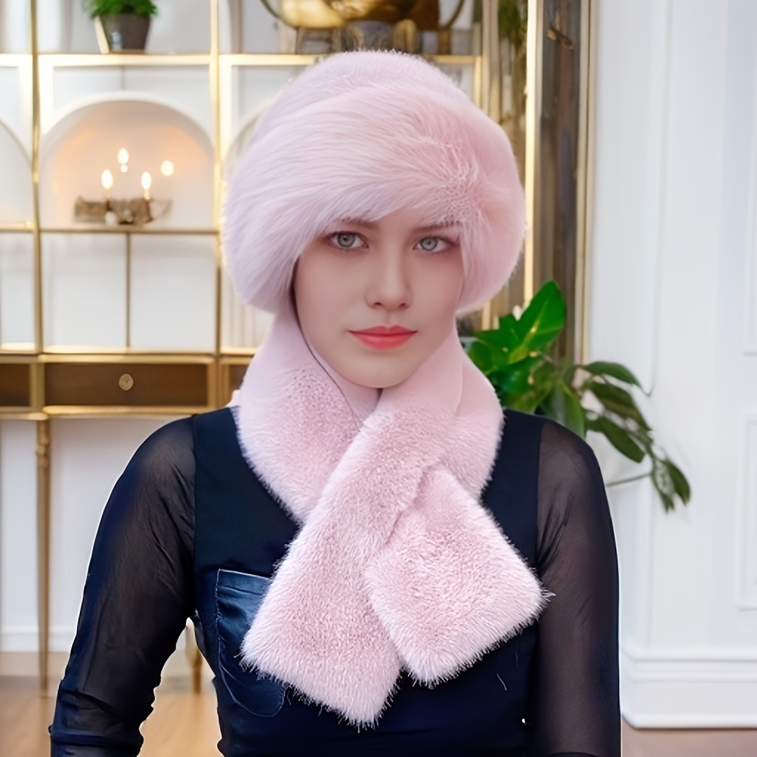 TEMU Ensemble 1 Écharpe d'hiver Chapeau mongol Chapeau en peluche Épais et chaud Mode Bonnet réchauffant les oreilles chinchilla Coupe-vent