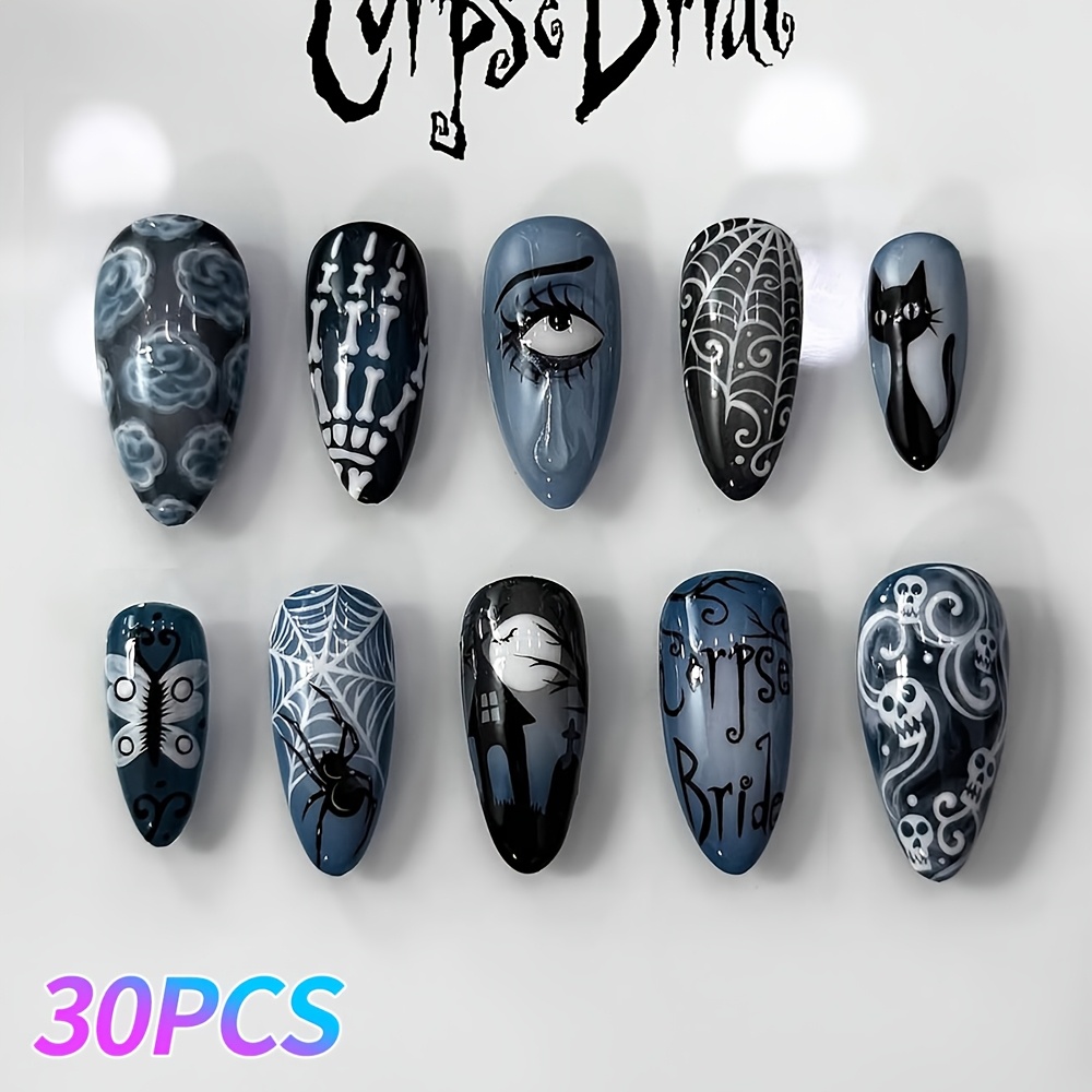 TEMU 30pcs Faux Ongles Almond Moyens, Base Pailletée Fumé et Noir avec Motif de Squelette, Toile d'Araignée, , Rose et Œil , Style Gothique Halloween