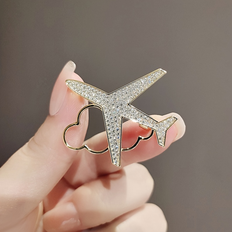 

Elegant Alloy Airplane Brooch With Glass Accents - Novel Minimalist Style, Unique Irregular Shape Fashion Pin For Unisex