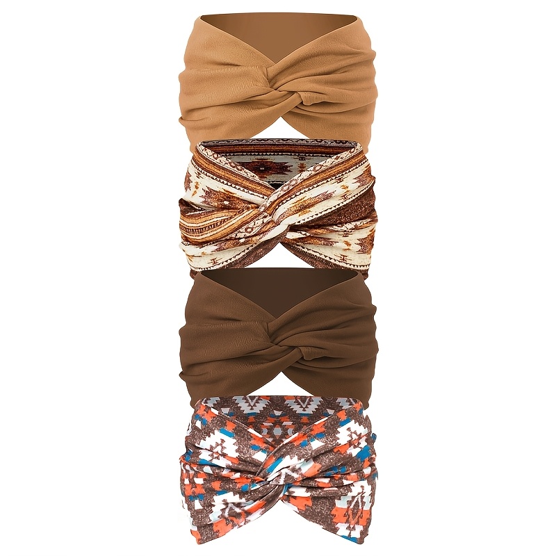 Image of 4pcs Set Vintage-inspired Wide Headbands For Women - Stylish Printed & Solid Color, Perfect For Casual Attire