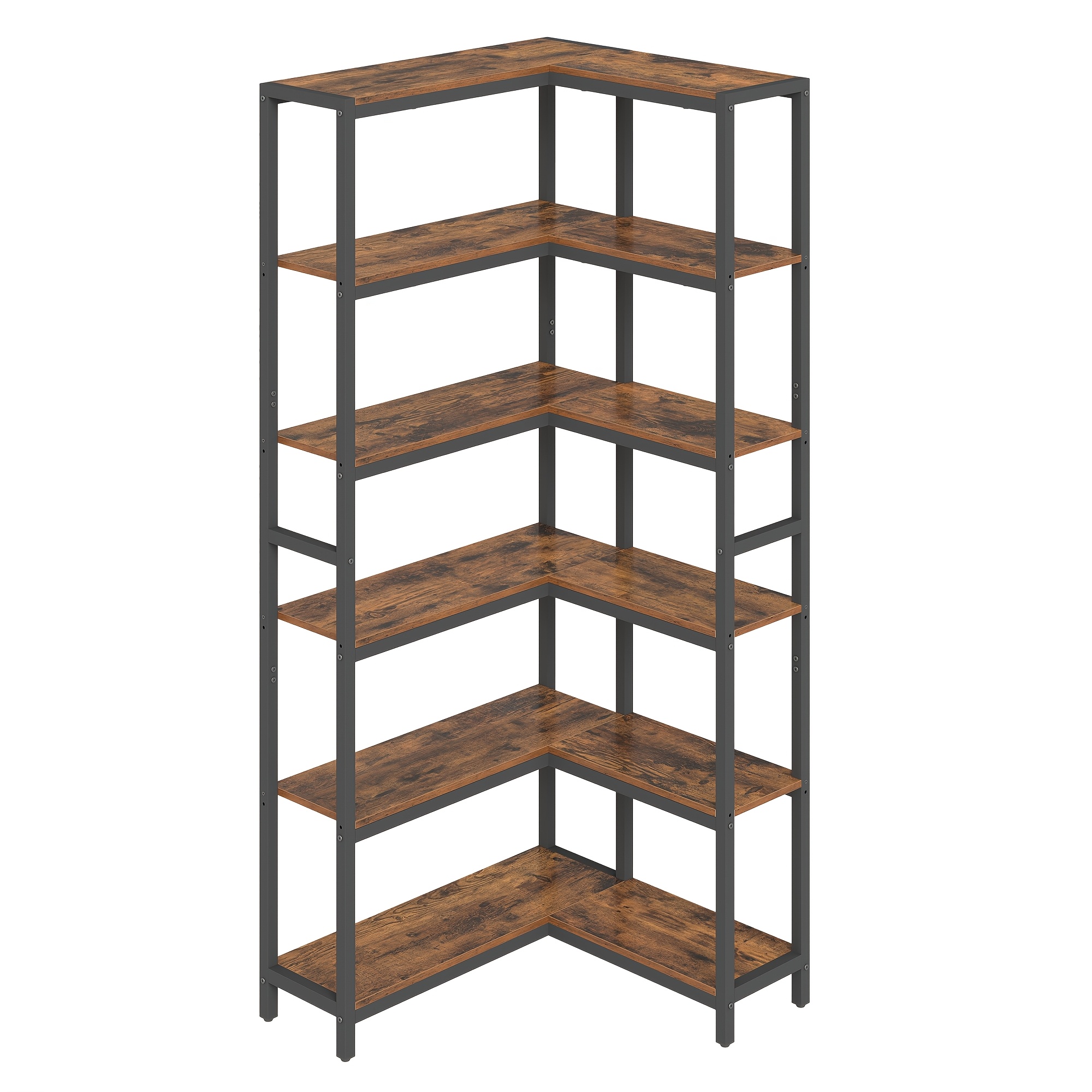 Image of 6-tier Modern Corner Bookshelf With Wood - Space- Shelf Suitable For Living Room, Bedroom, Office, Freestanding With Corner, -ink Black, For Organization & Decor, Corner Shelves