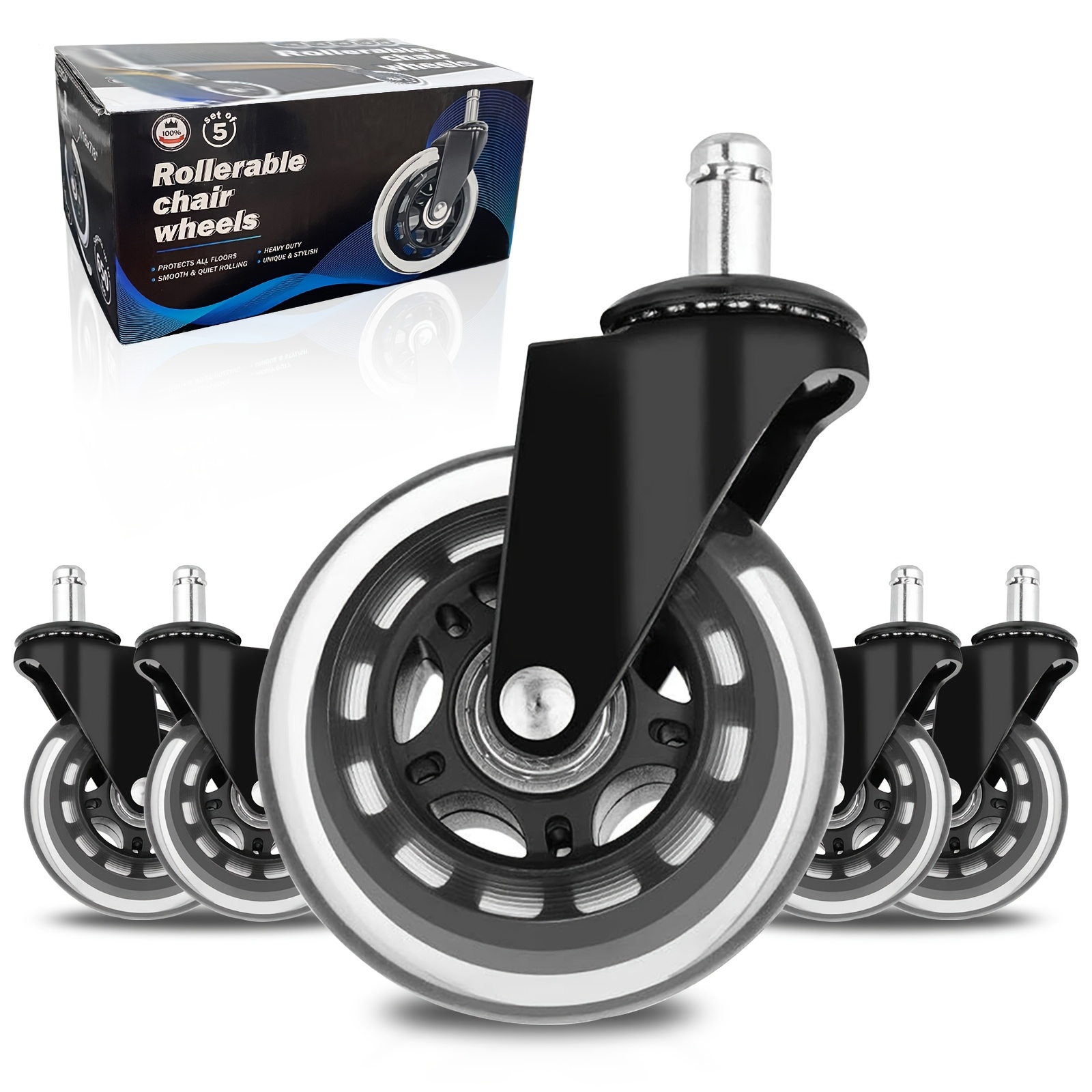 Office Chair Casters - Heavy Duty Replacement Wheels With Polyurethane Material - Silent And Smooth Rolling On - Without Tools - Floor Protection For Hardwood, Carpet, Tile And More