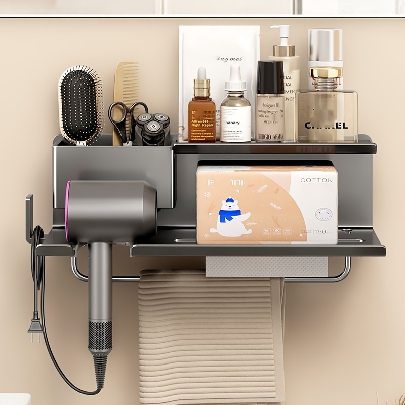 Image of Hair Dryer Storage Rack Without Punching Holes, Bathroom Hair Dryer Holder, Bathroom Wash Fan Tube, Towel Storage Rack, Shelves