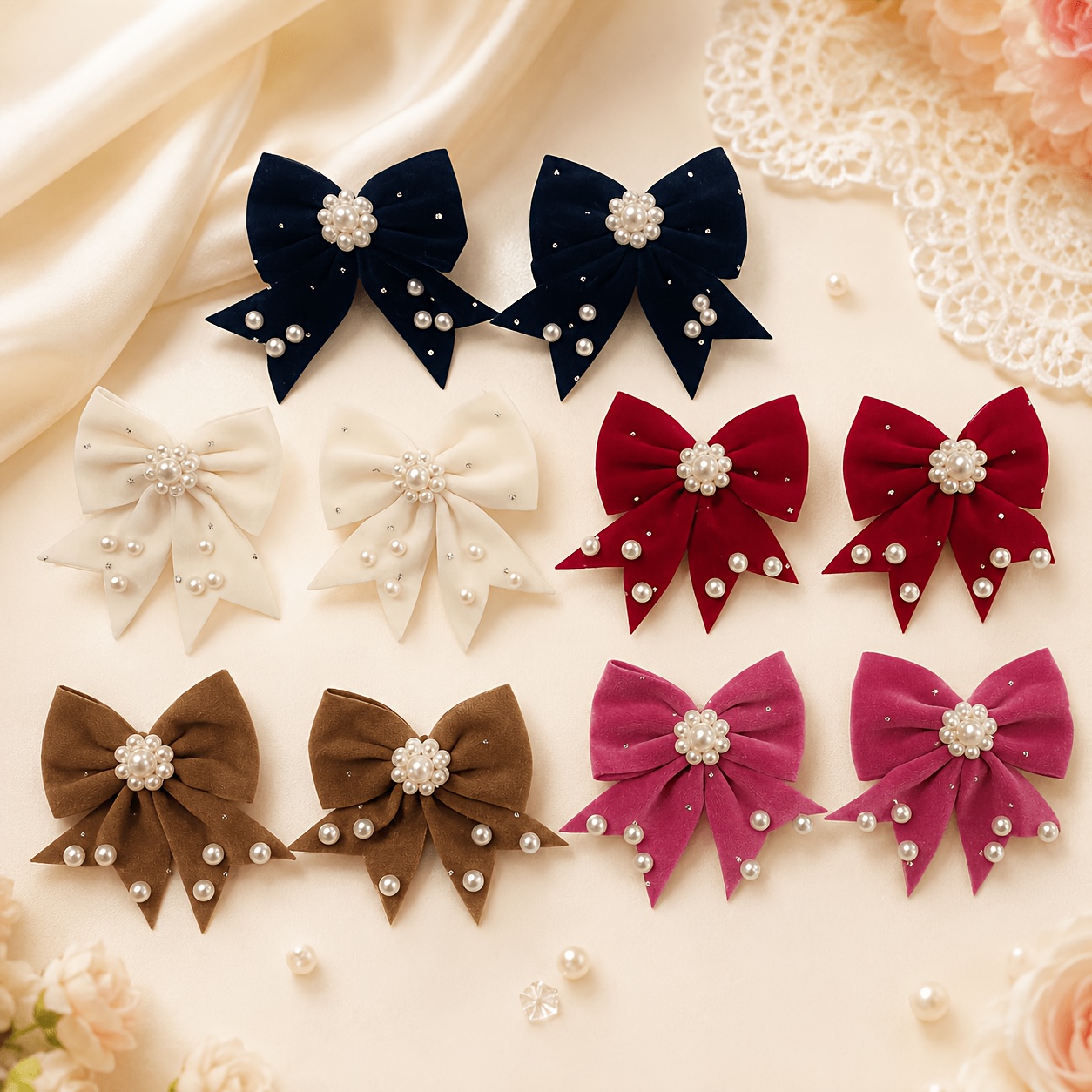 TEMU 10pcs Velvet Bow Hair Clips Pearl Decor Hair Pins Elegant Hair Additions For Back To School Autumn Winter Fashionable Wear And Holiday Themed