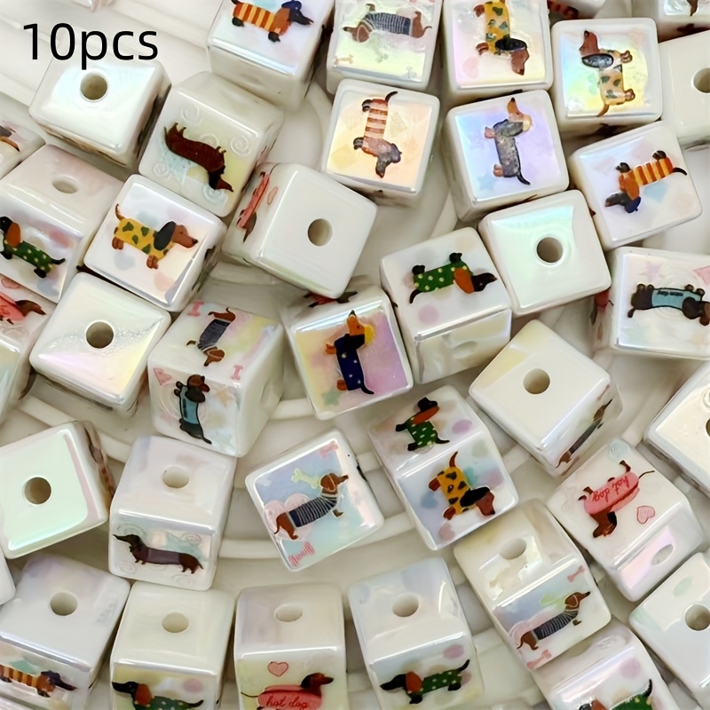 E-shop 16 mm große, quadratische Acryl-Dackel-Perlen - 4-seitige, niedliche Hunde-Anhänger mit Aufdruck (Vorderseite/Hinterseite/Seiten), gerades Loch