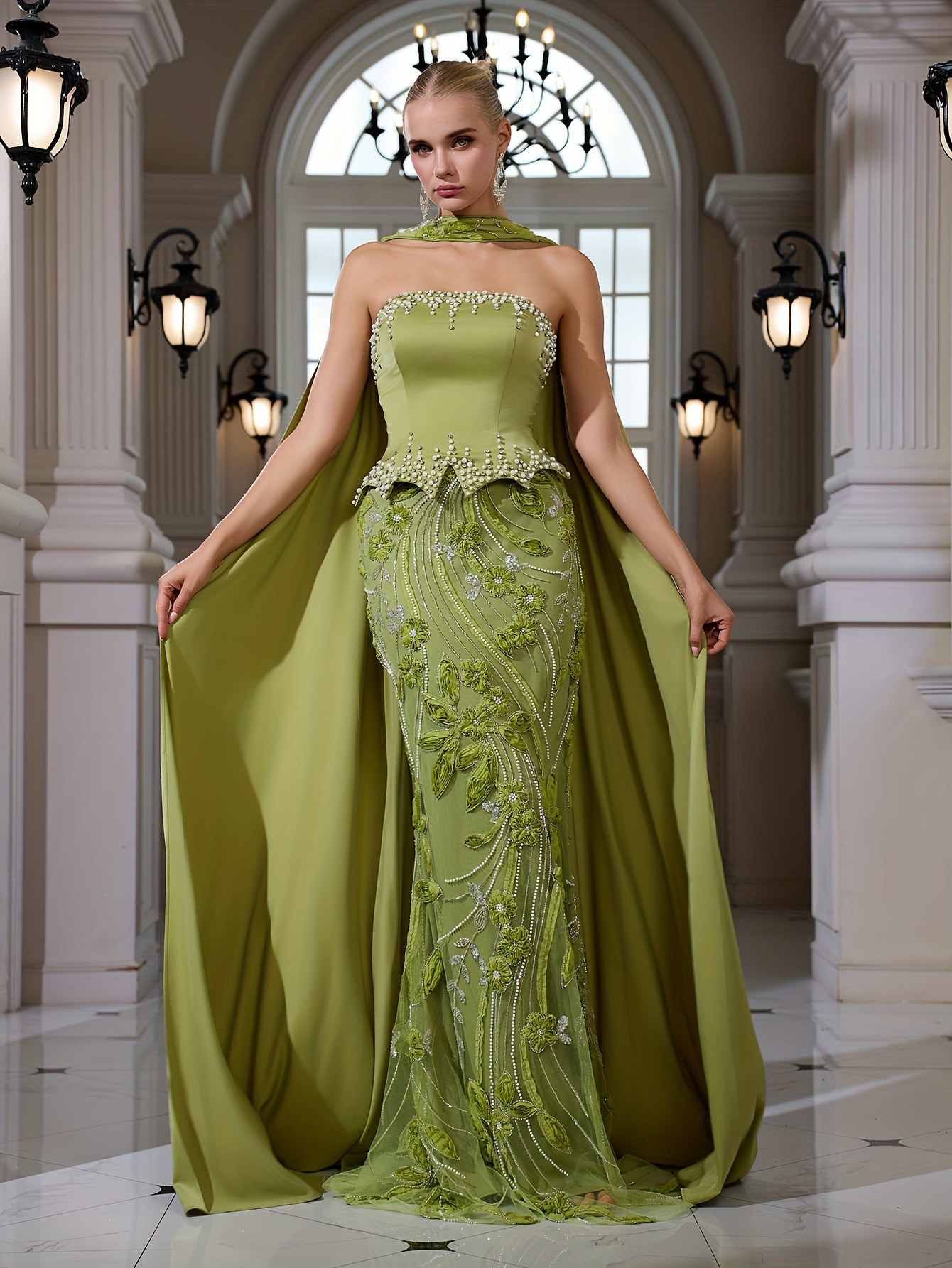 green lace fishtail dress satin fabric beaded sequined embroidered elegant rose gold necklace