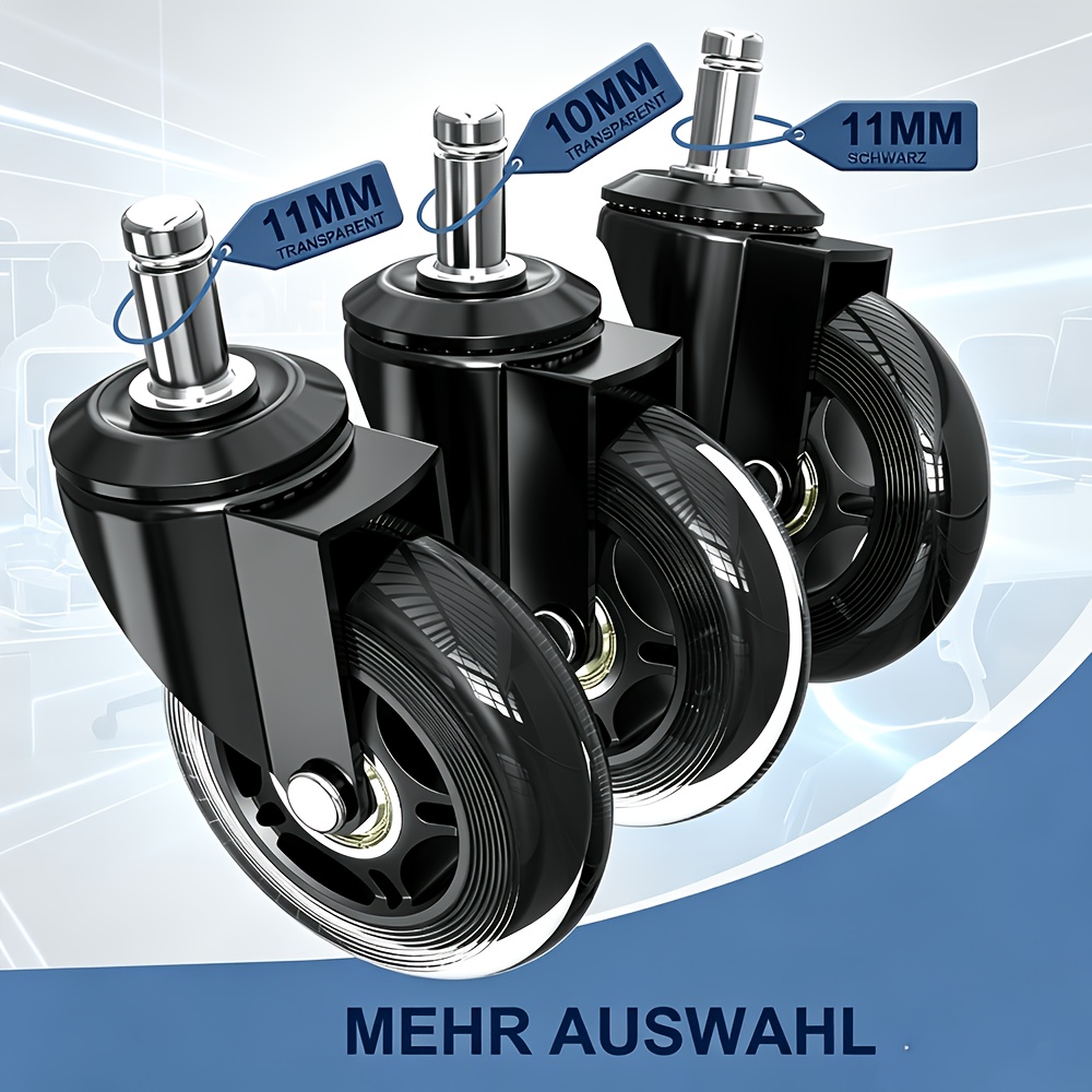5pcs Universal 11mm Stem Office Chair Casters, 75mm Smooth Silent 360° Rotating Replacement Wheels, Dual Transparent & For All Indoor Floors