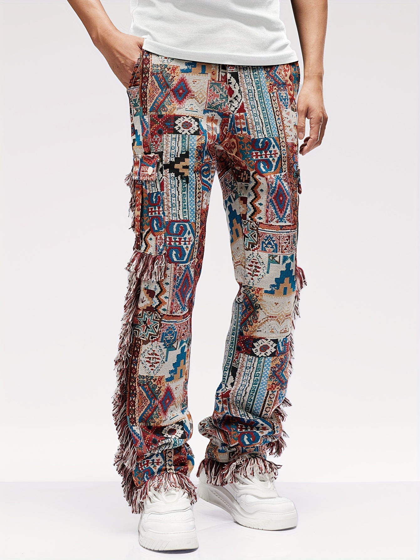 men's floral print straight leg pants frayed edges - Temu