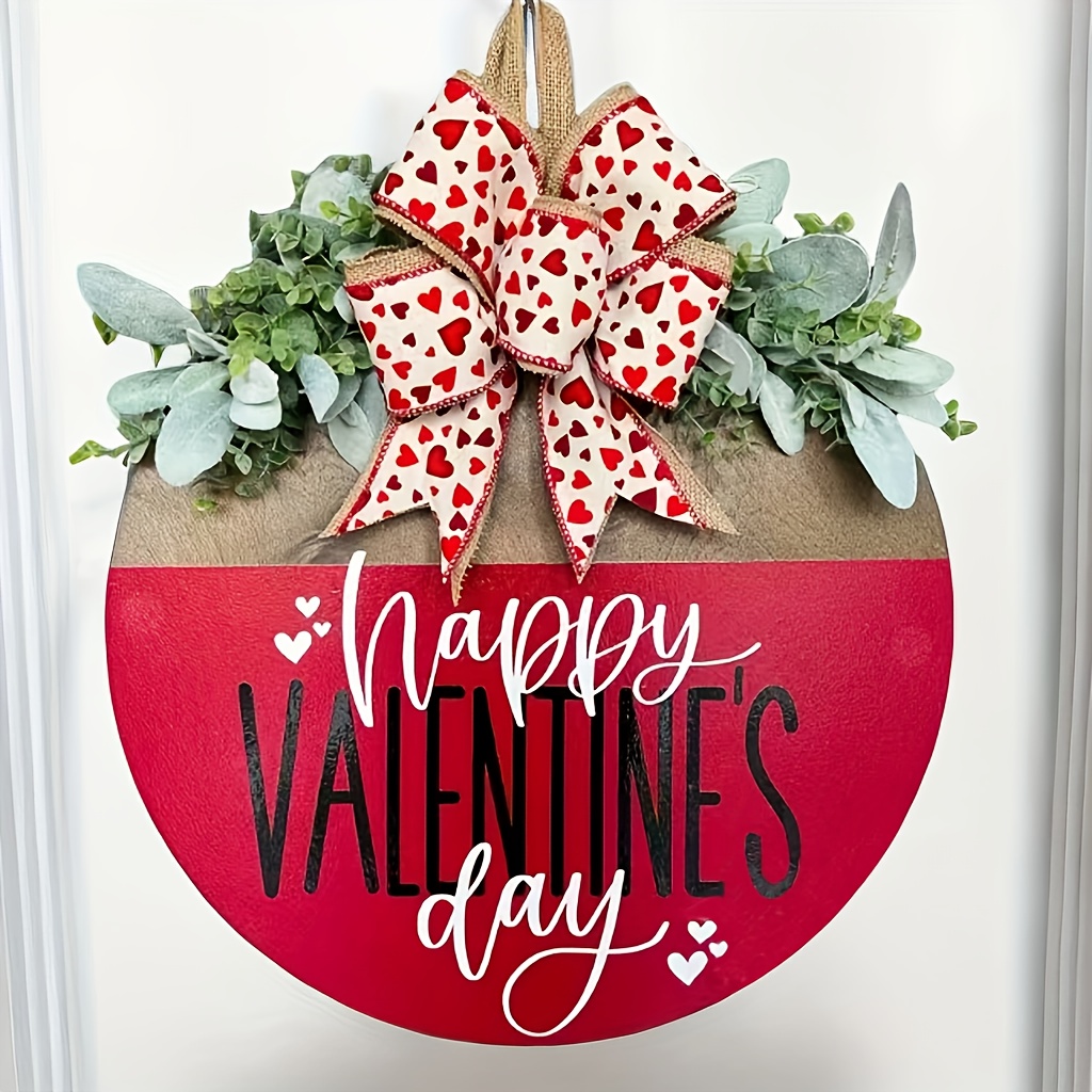 

1pc 's Day Wooden Wreath - Artificial Wood Door Hanging Decor With Greenery Accents And Red Heart Bow - Wall Ornament For Home Decoration - No Feather, No Power Needed