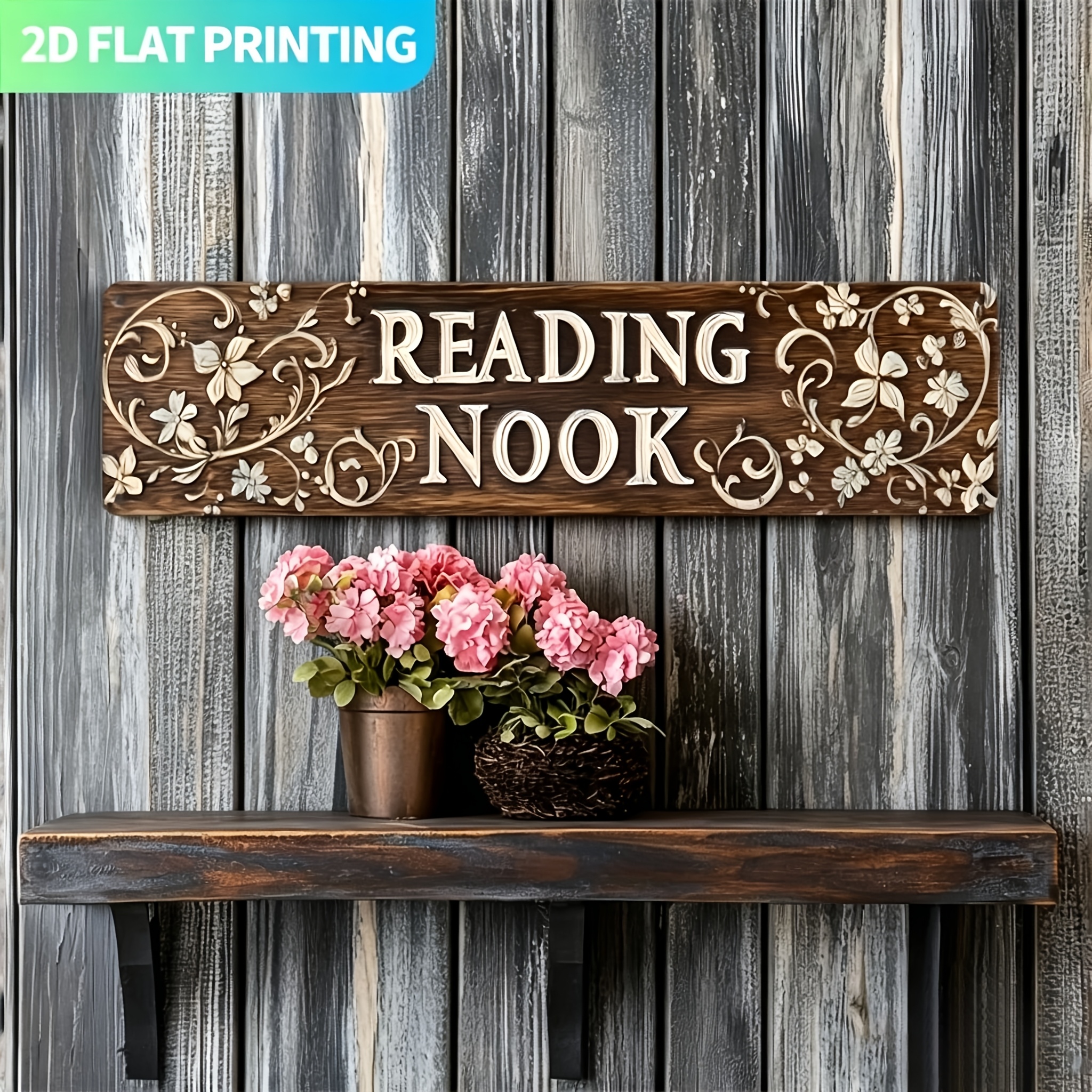 TEMU 2d Flat, Aluminum 2d Flat Plane, 1pc Vintage "reading Nook" Metal Sign - 15.7x3.9 Inch Aluminum Wall Decor With Floral And Star Accents,