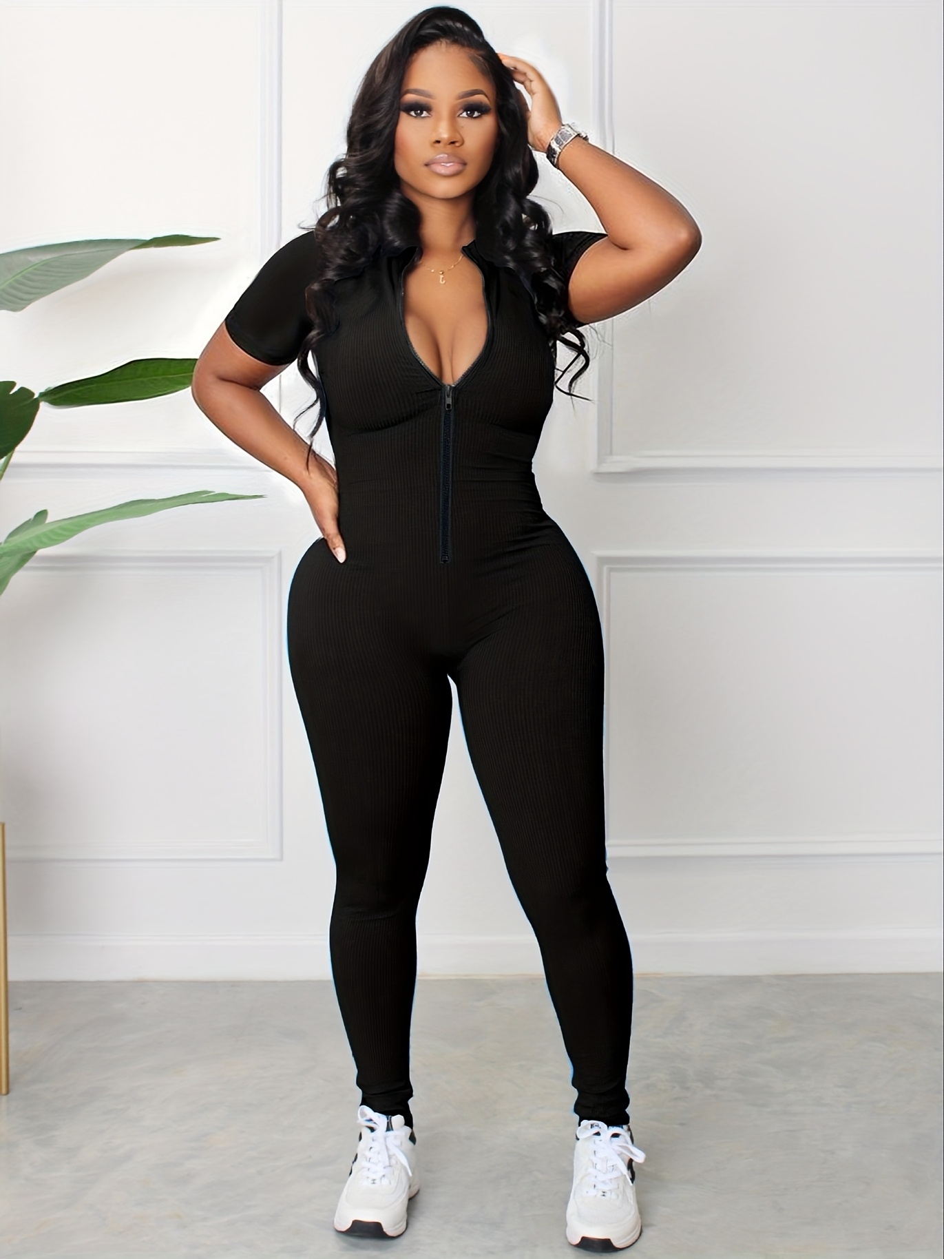 women's sexy bodycon zip jumpsuit solid long sleeve stretchy