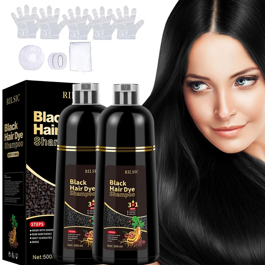 TEMU Rilsic 2pcs Hair Dye Shampoo For Grey Hair, 500ml Herbal Natural Hair Dye 3in 1, Instant Hair Colour Shampoo, Hair Shampoo, Hair Dye Hair Color