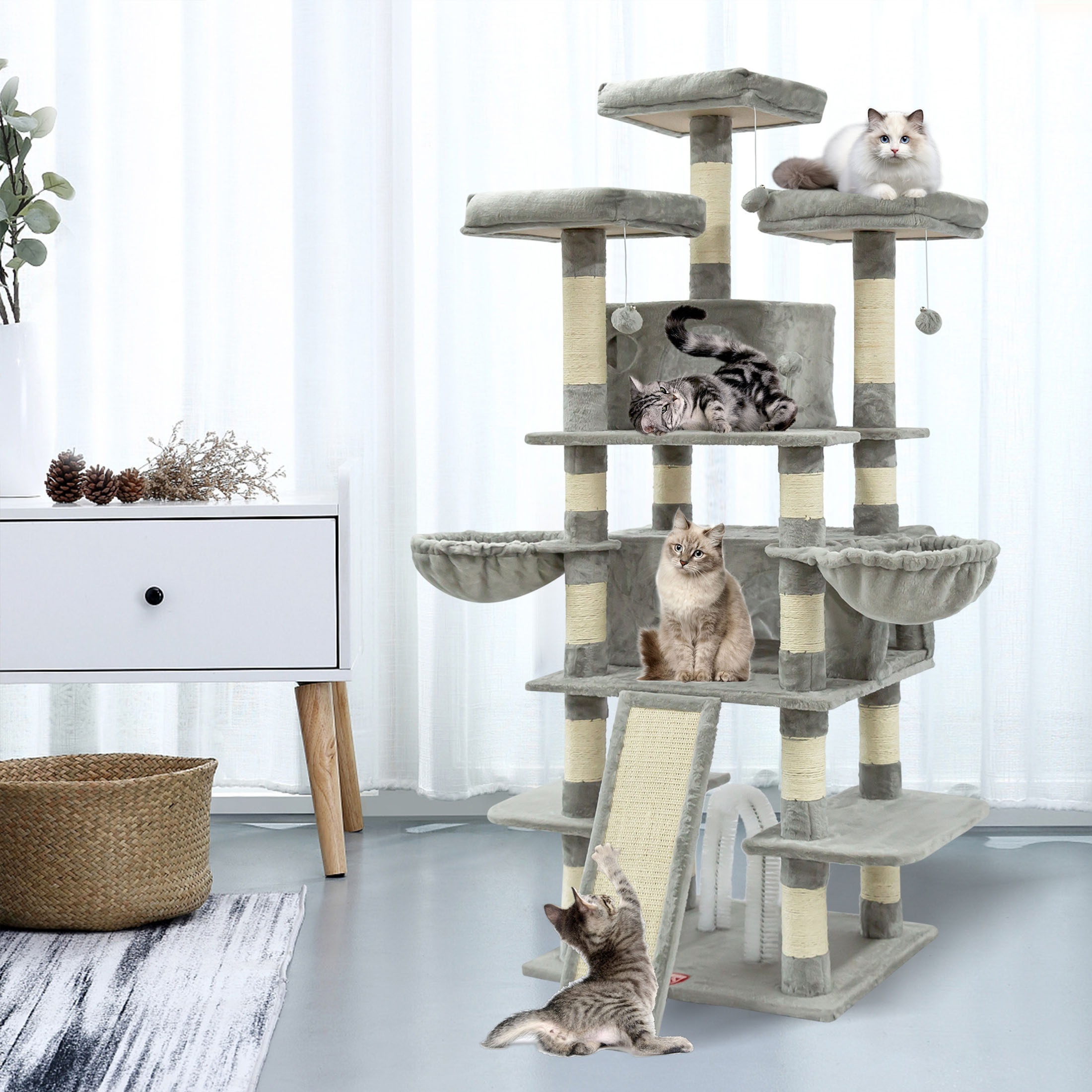 68 inches   level cat tree tall multi cats tower with 2 big cat condo cat hair brush large cat tree with 3 plush perches scratching posts for kittens smokey grey details 6