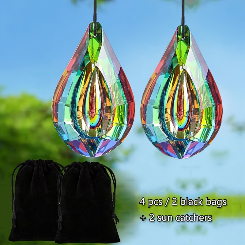 TEMU 4pcs Crystal Prism Sun Catcher Set, Includes: (2pcs Bags, 2pcs Sun Catchers), Home Decor Hanging Light Reflector, Suitable For Birthday Gifts,