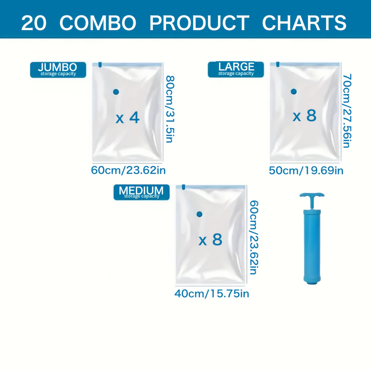 Image of 20 Vacuum Clothing Organizer Bags With Hand Pump - The Compression Space Saver For Clothing, Bedding - Ideal For Moving And Organizing Your Closet!