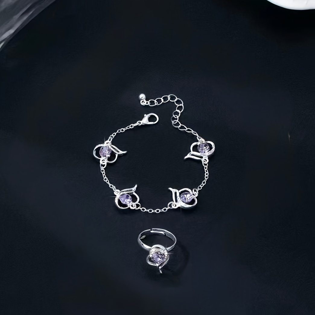 Gentle Pink Heart Bracelet & Ring Set, Adjustable