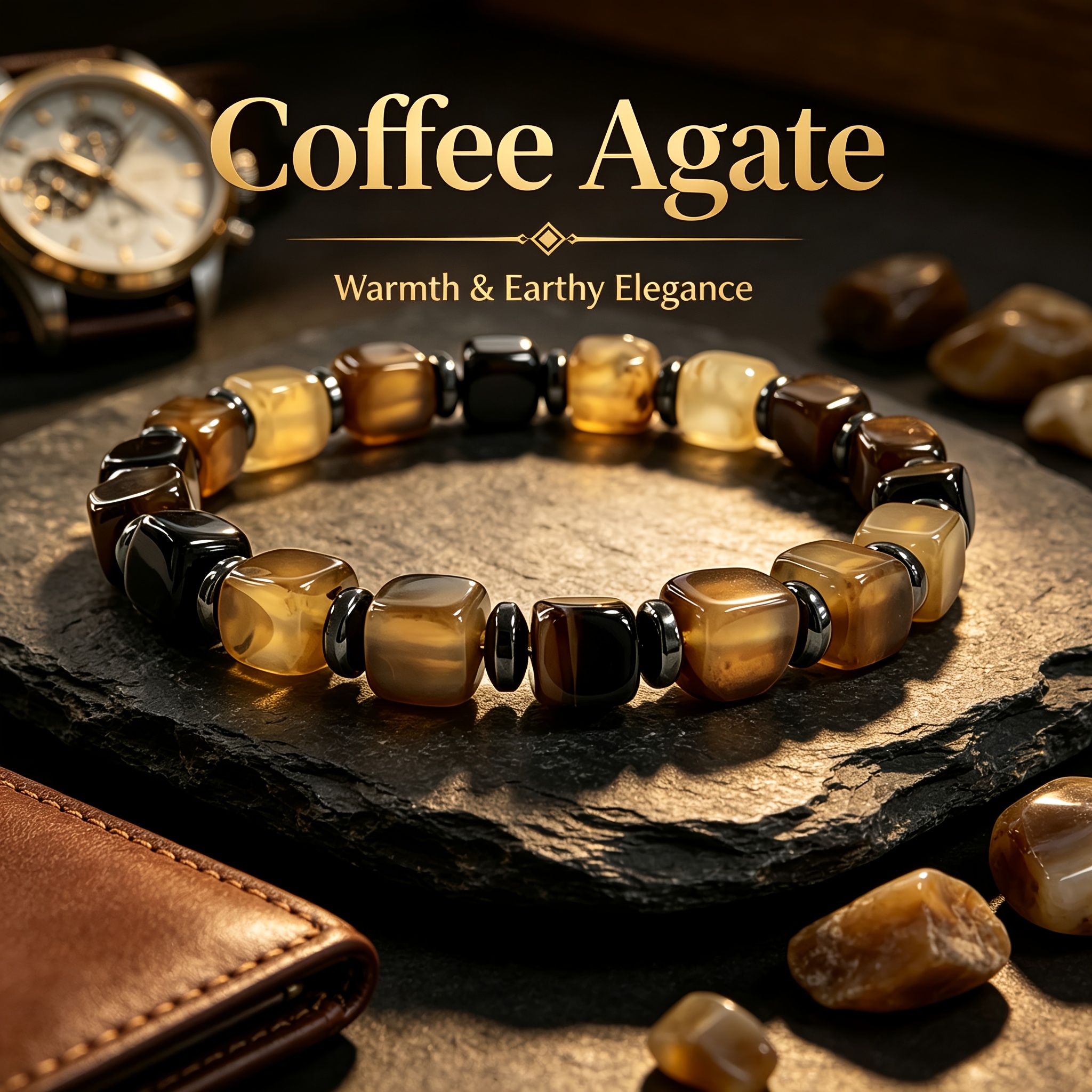 TEMU 1 stuk XDSM Armband van Natuurlijke Bruine Agaat - Handgemaakt Boheems Elastisch Rekbaar Geschikt voor Mannen & Vrouwen, Augustus Geboortesteen
