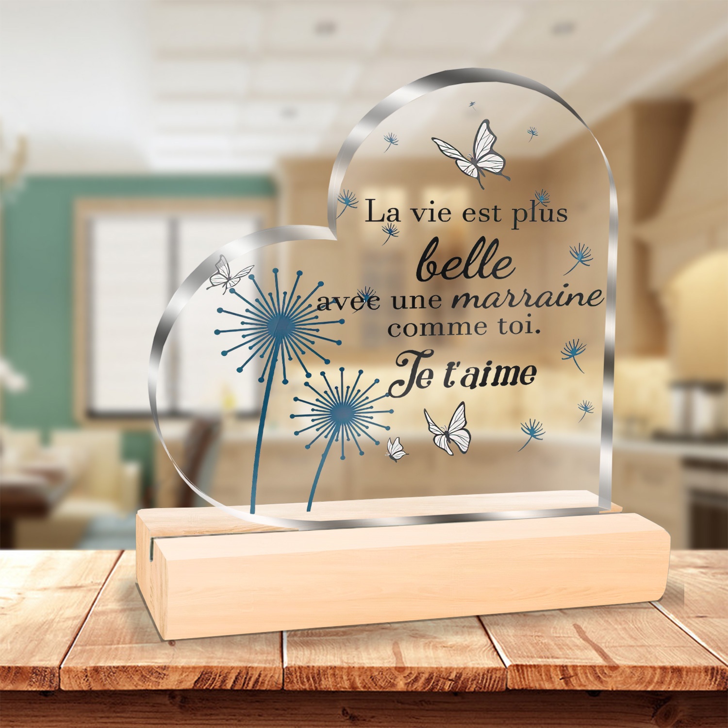 TEMU Plaque acrylique plate 2D de cœur avec base en bois - française " Est Plus Belle Avec Une Marraine Toi", motif floral bleu papillon et ,