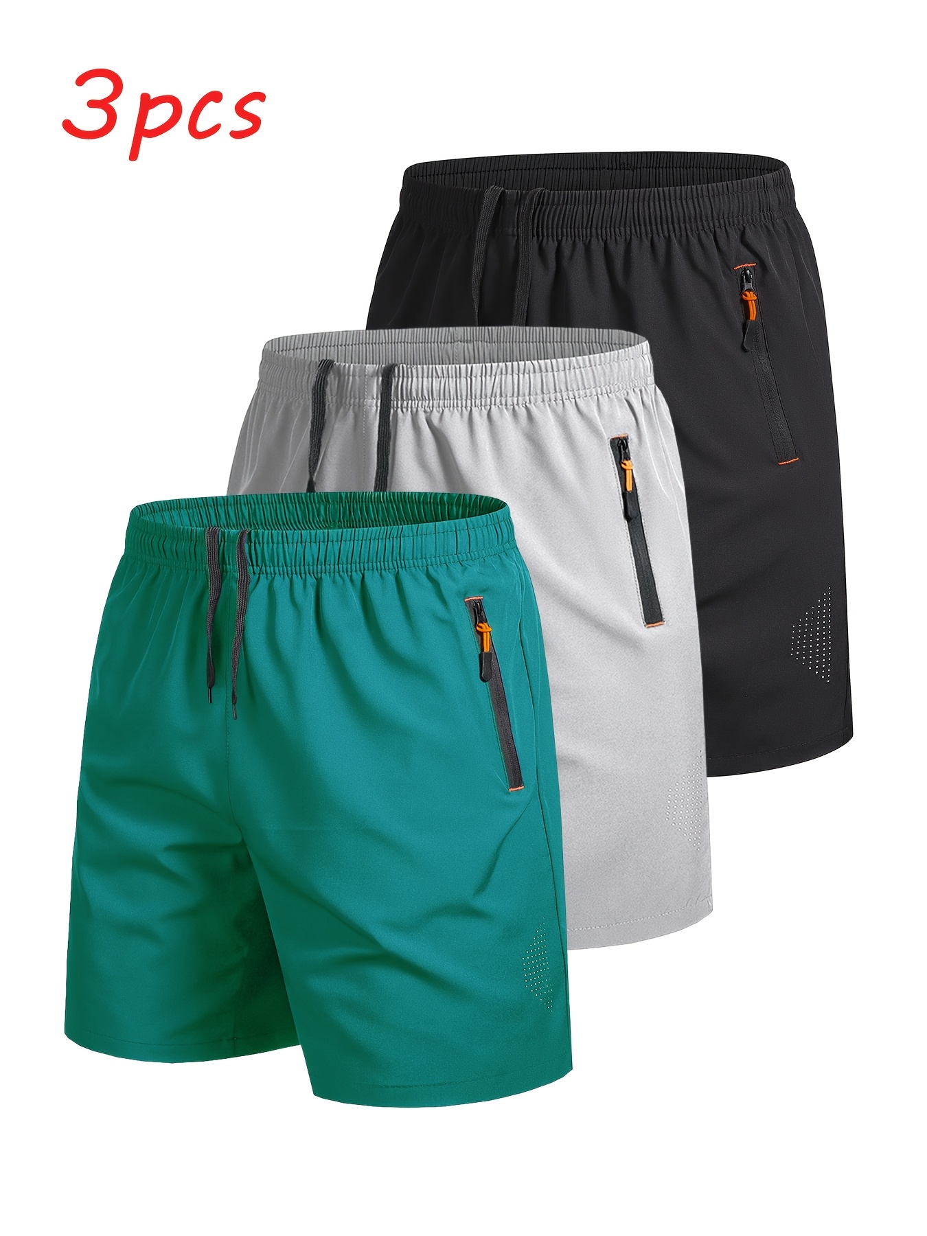 3pcs mens outdoor sports casual shorts solid color zipper pocket   quick dry breathable athletic shorts