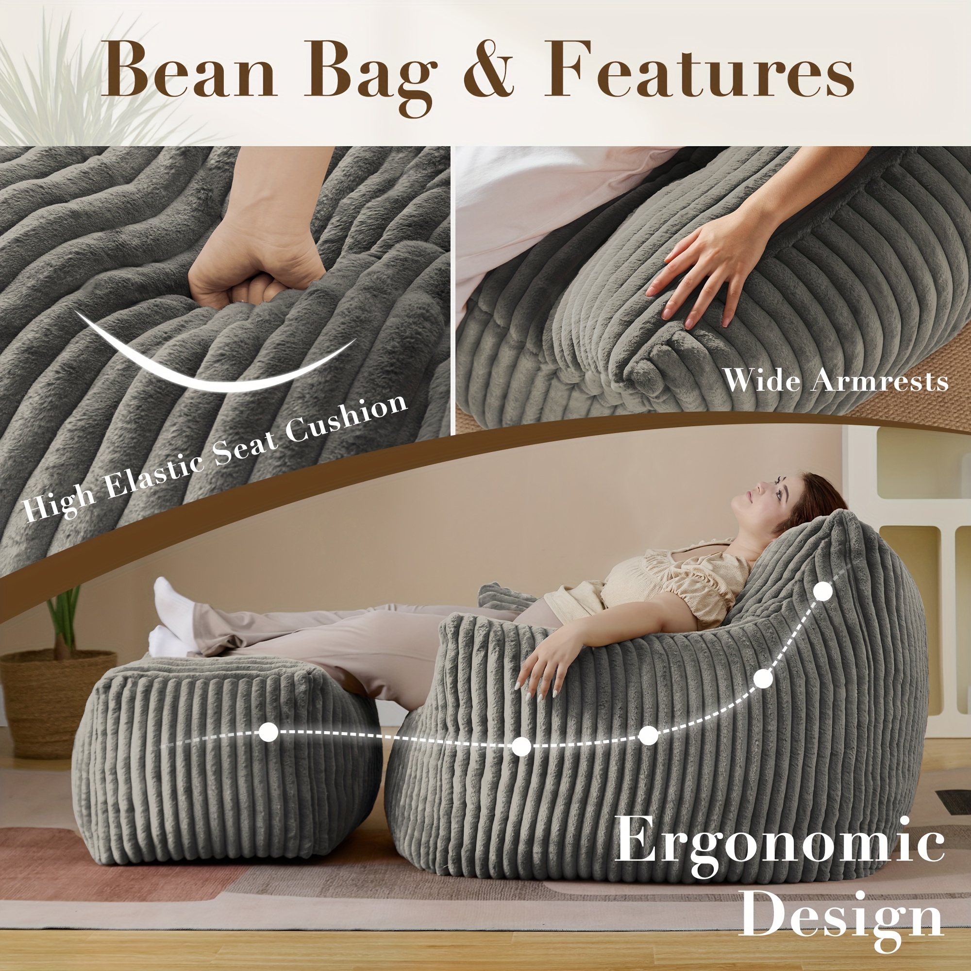 living giving giant plush bean bag chair with footstool for adults with armrests oversized comfy beanbag lounge lazy floor sofa chair for living room bedroom restaurant dorm cozy fluffy single cloud mini couch details 5